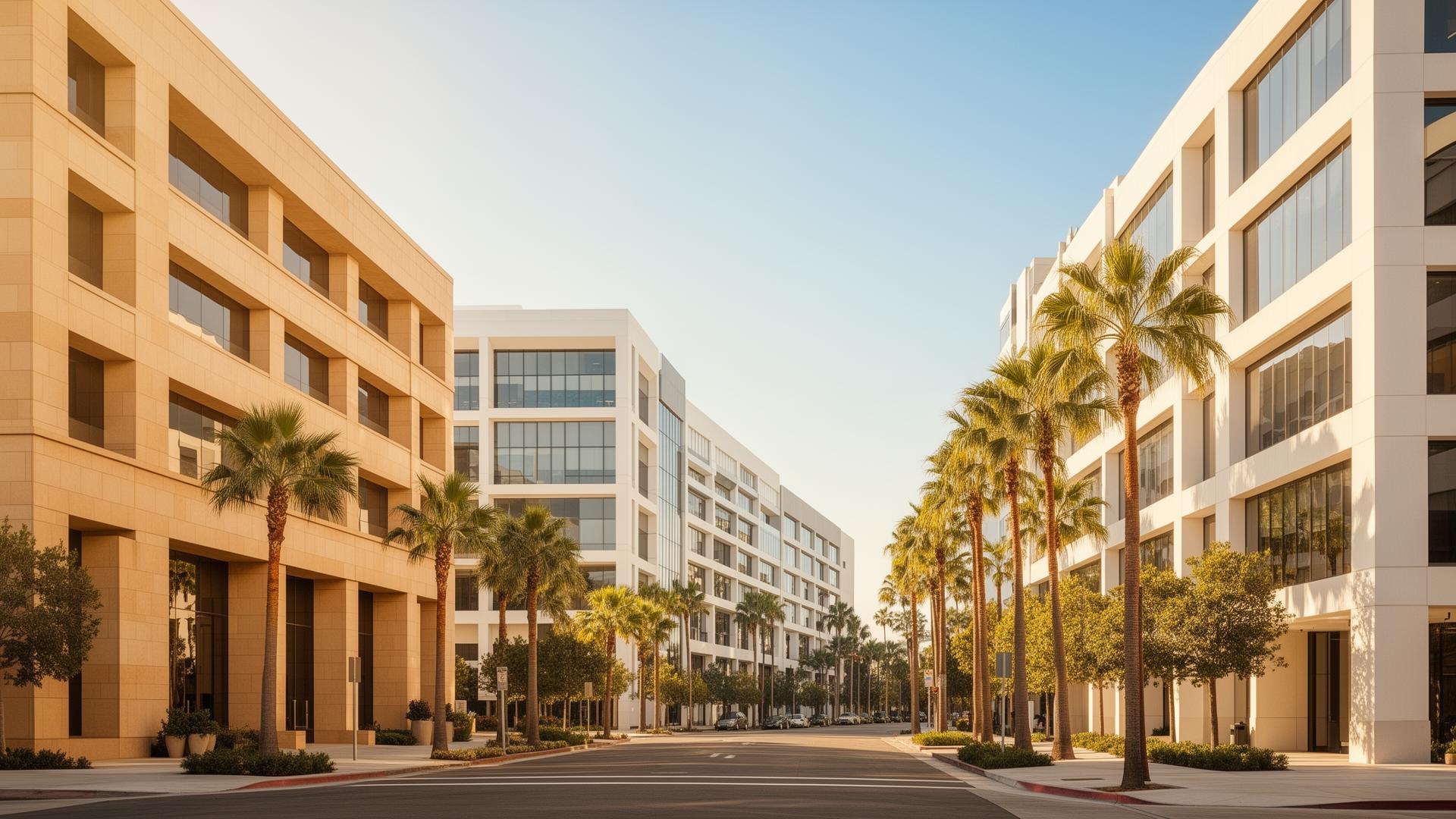 Orange County, California modern business district at golden hour