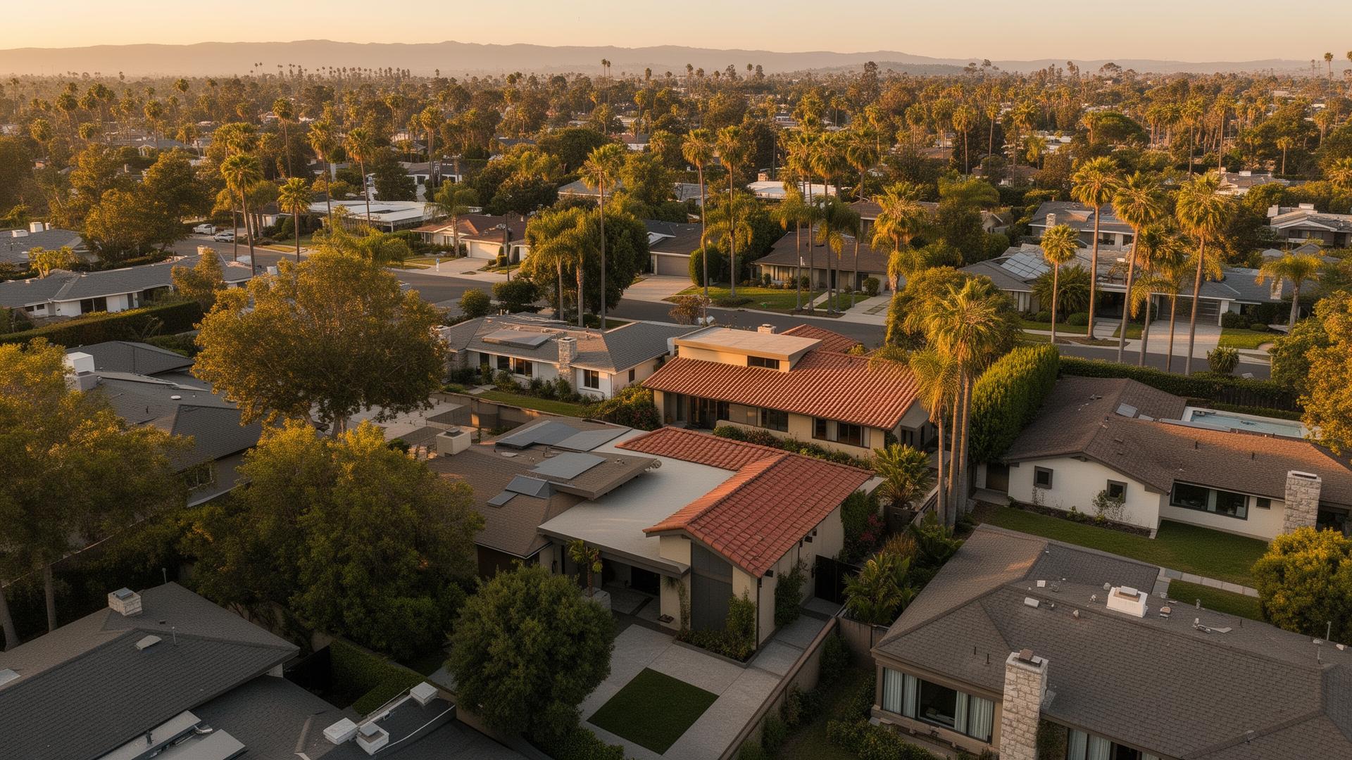 Aerial view of an Orange County, California neighborhood at golden hour